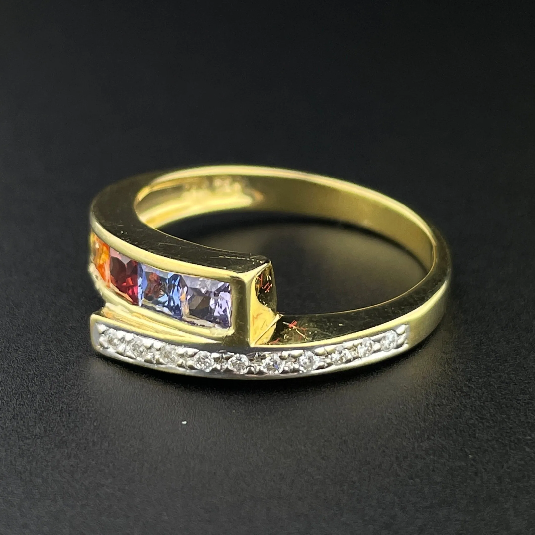 Vintage 18K Gold Multi Gemstone Harlequin Bypass Ring, Sz 6 3/4