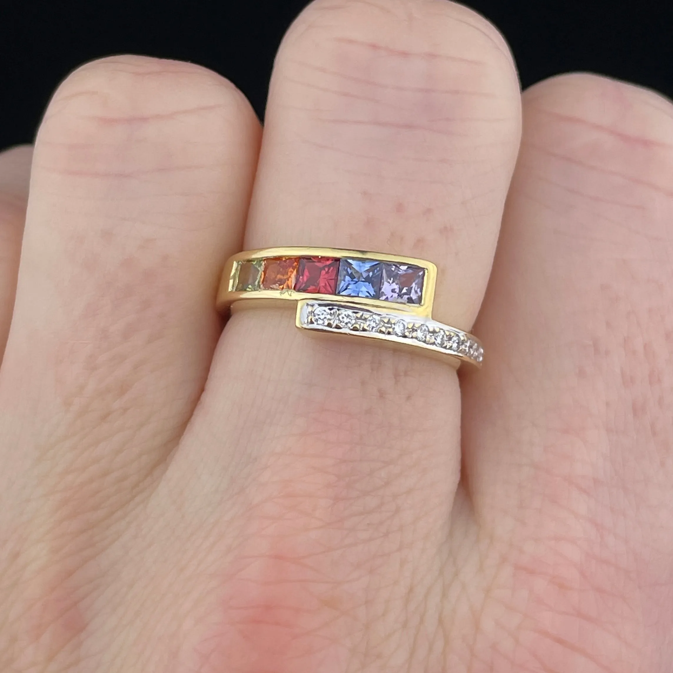 Vintage 18K Gold Multi Gemstone Harlequin Bypass Ring, Sz 6 3/4