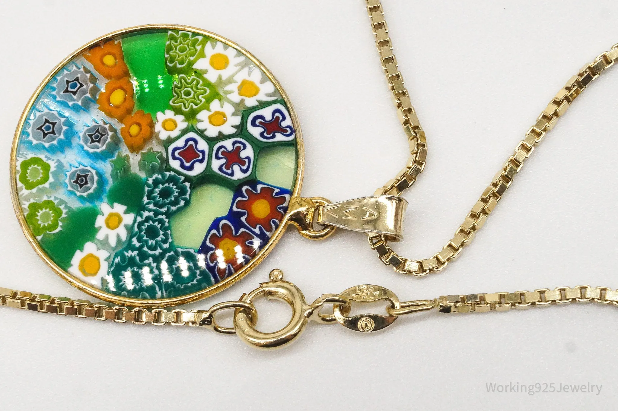 Vintage Glass Murano Millefiori Flowers Gold Vermeil Sterling Silver Necklace