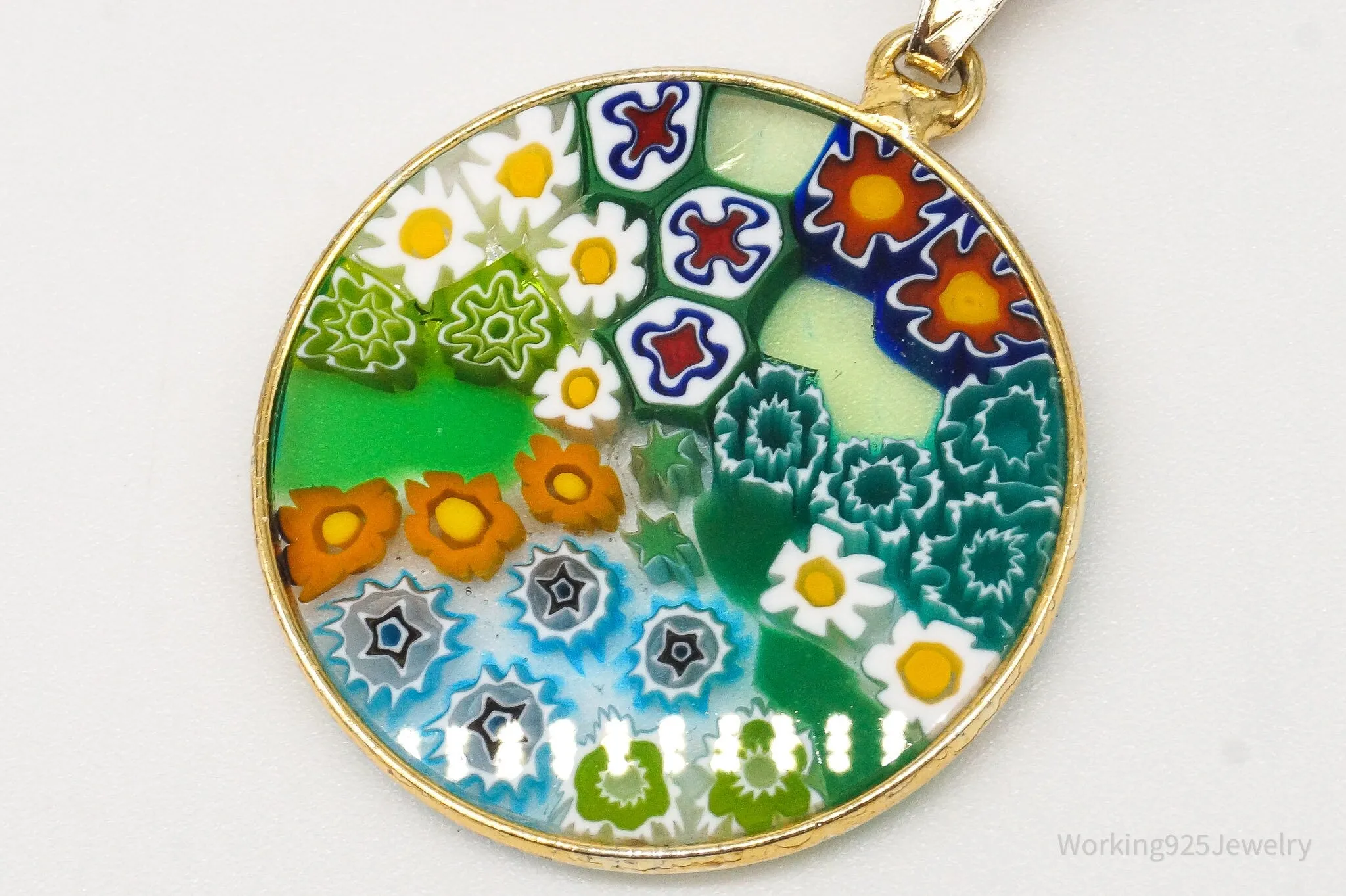 Vintage Glass Murano Millefiori Flowers Gold Vermeil Sterling Silver Necklace