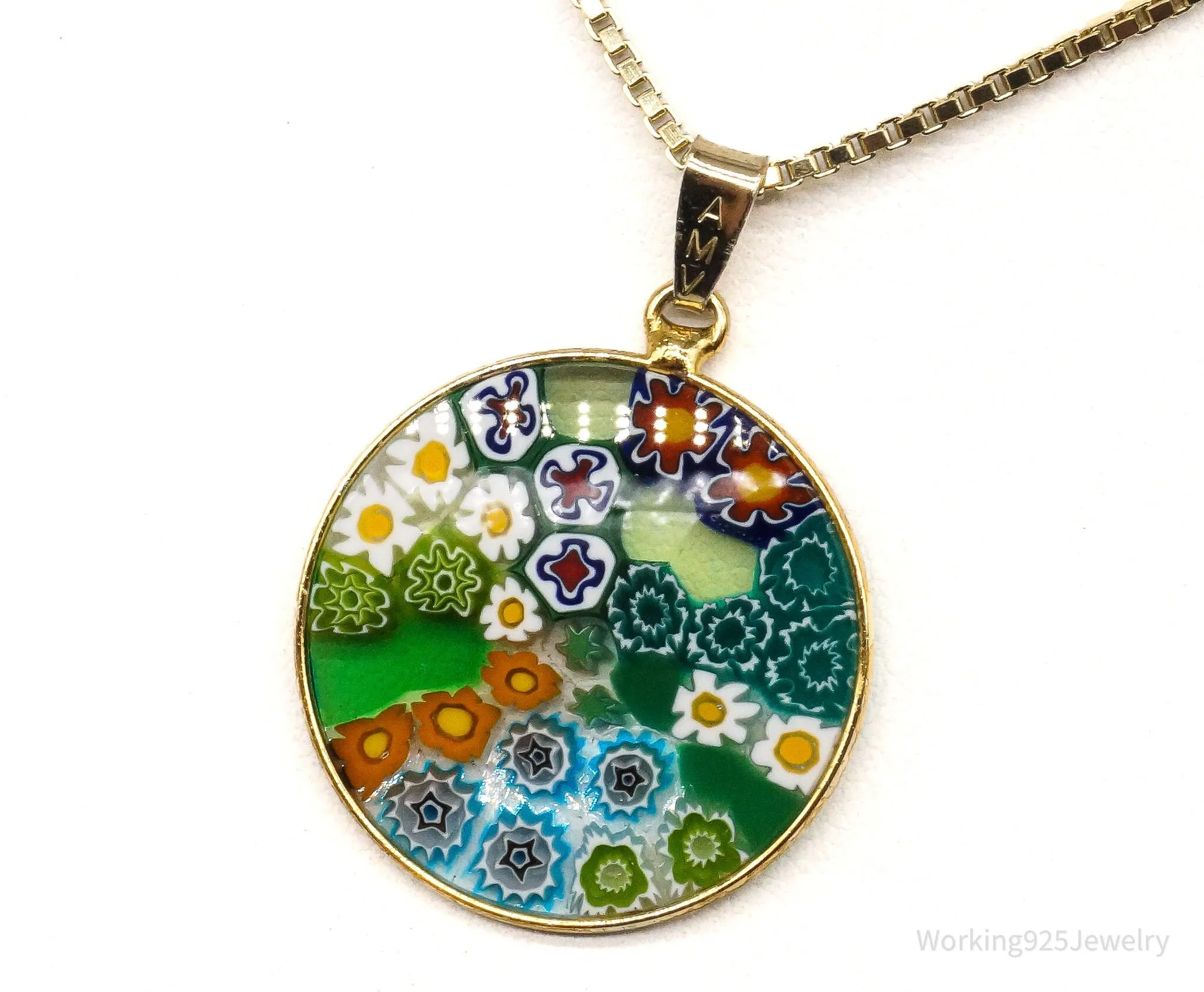 Vintage Glass Murano Millefiori Flowers Gold Vermeil Sterling Silver Necklace