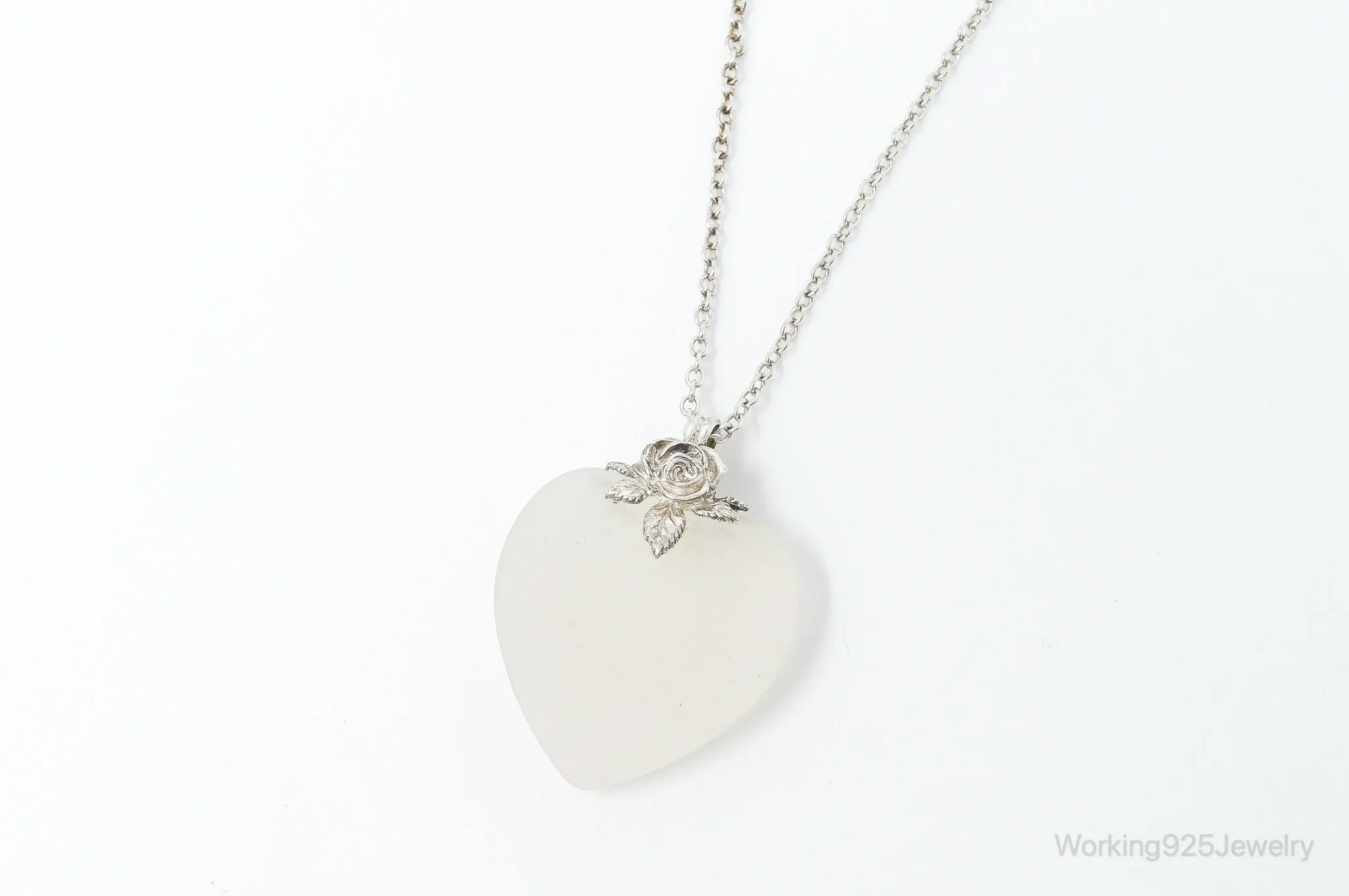 Vintage Large Frosted Glass Heart Rose Sterling Silver Necklace