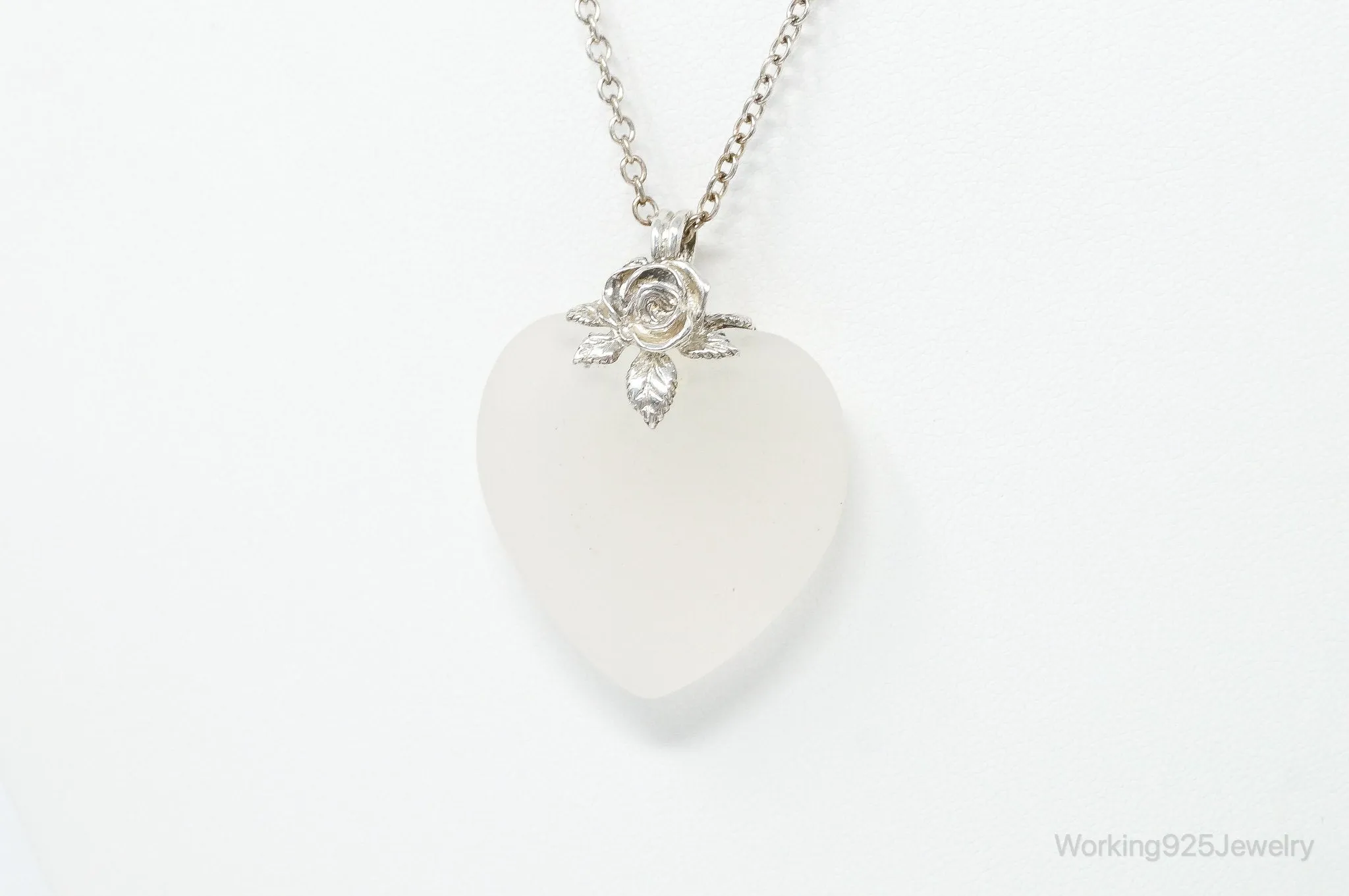 Vintage Large Frosted Glass Heart Rose Sterling Silver Necklace