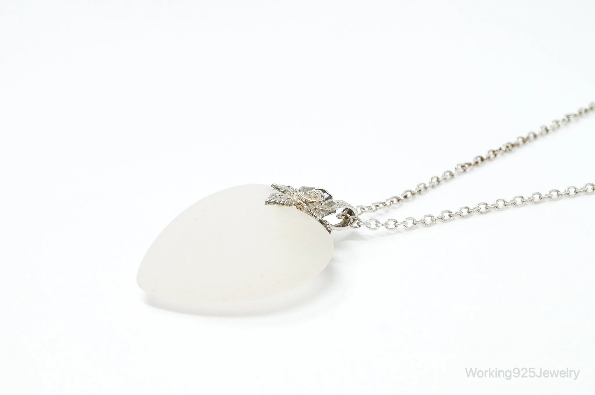 Vintage Large Frosted Glass Heart Rose Sterling Silver Necklace