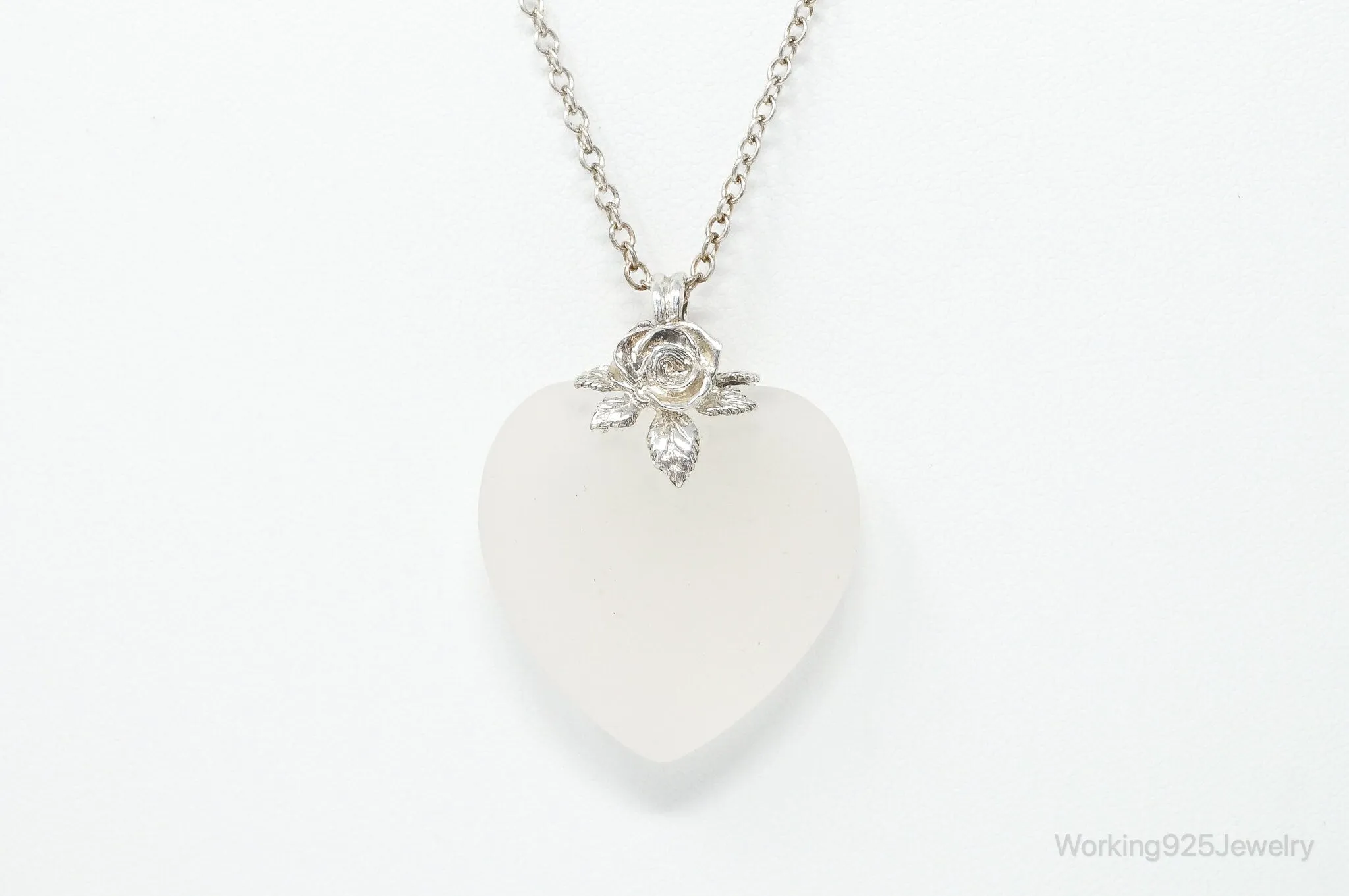 Vintage Large Frosted Glass Heart Rose Sterling Silver Necklace