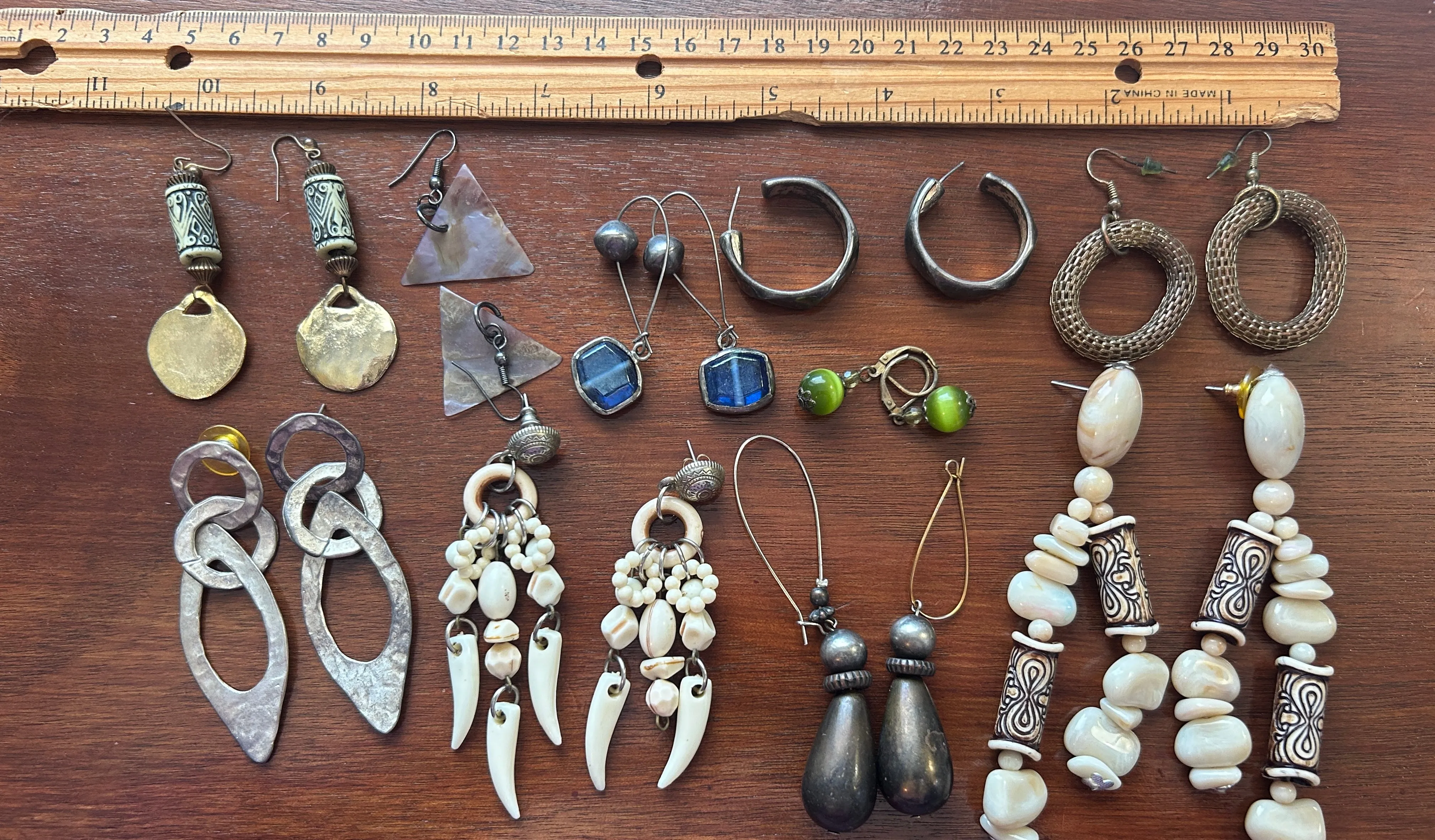 Vintage Pierced Earrings Lot Boho Wood Bead Stone Hammered Mesh Chandelier Drop