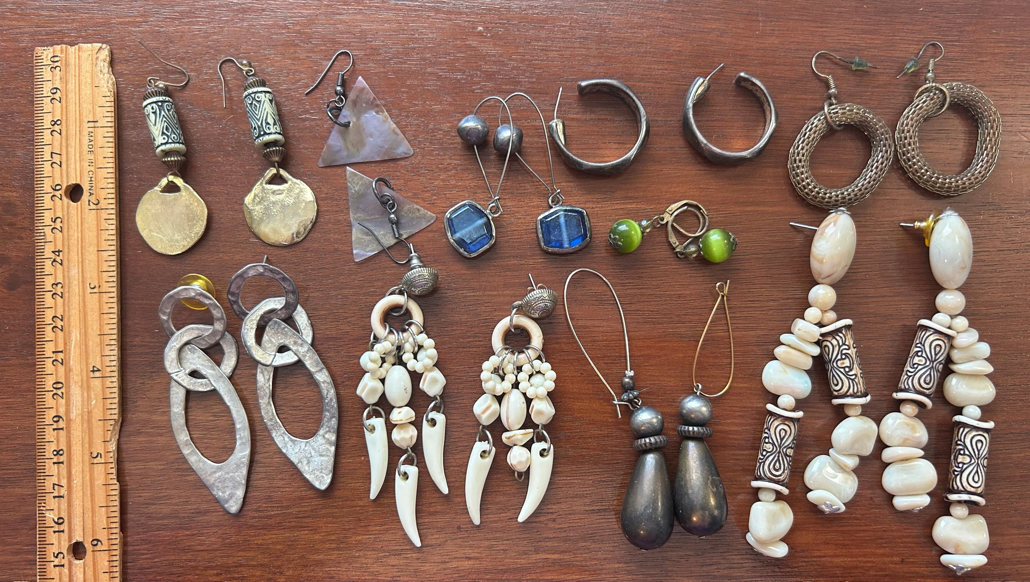 Vintage Pierced Earrings Lot Boho Wood Bead Stone Hammered Mesh Chandelier Drop