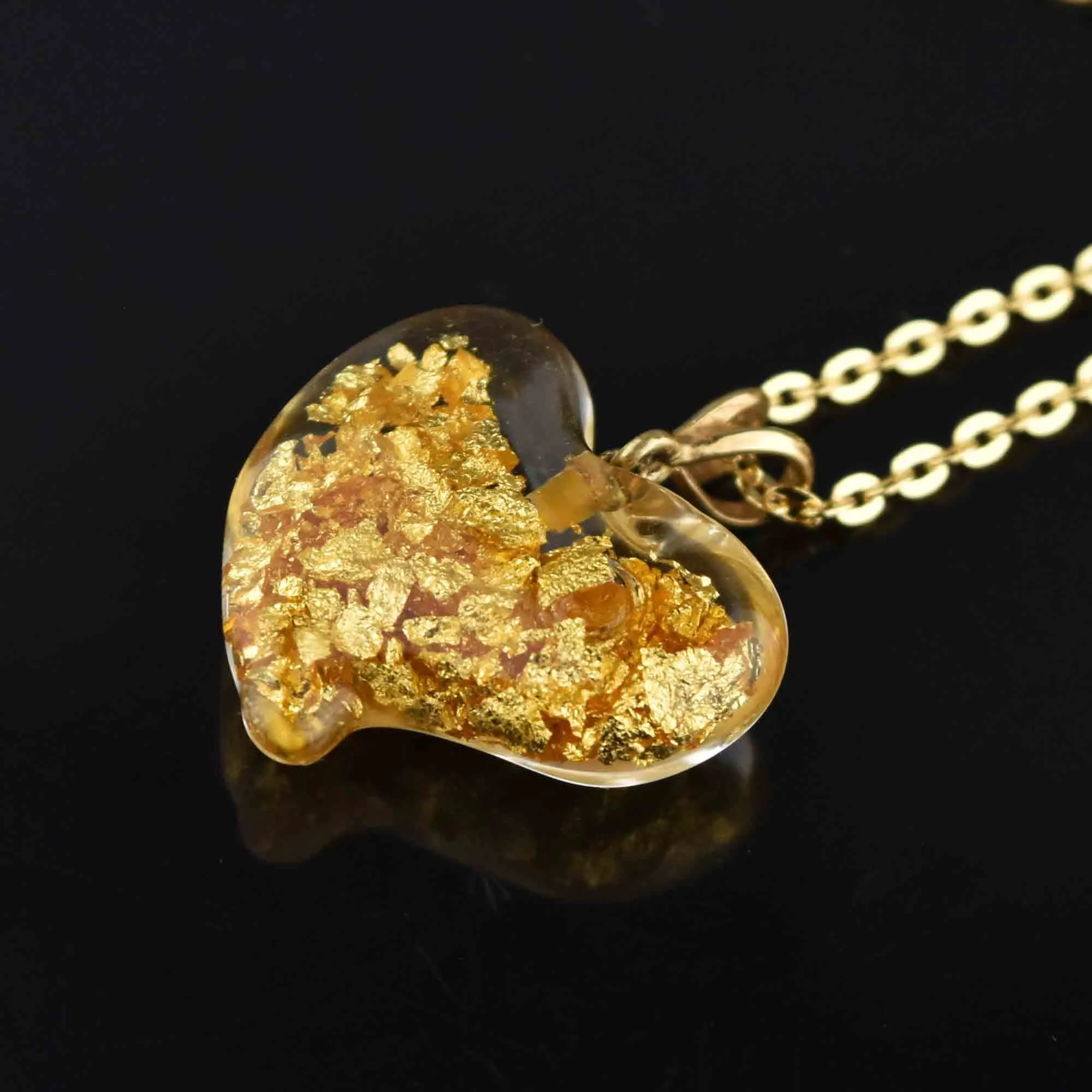 Witches Heart 14K Gold Floating 24K Flakes Pendant