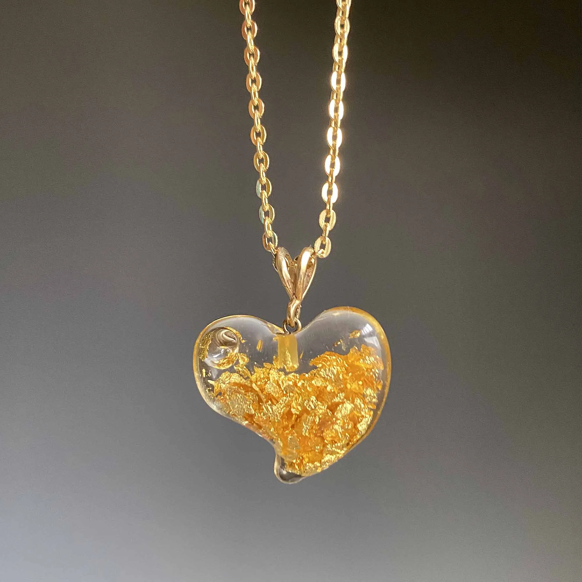 Witches Heart 14K Gold Floating 24K Flakes Pendant