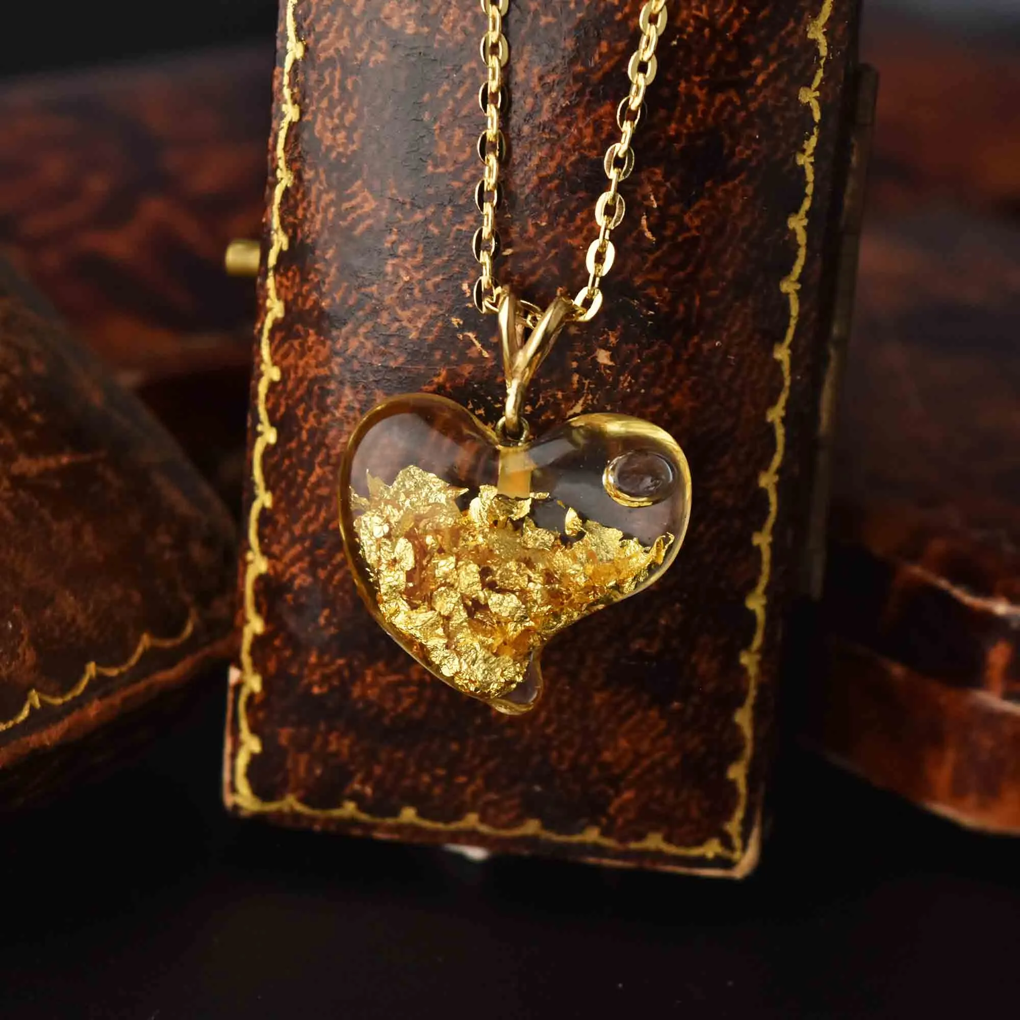 Witches Heart 14K Gold Floating 24K Flakes Pendant