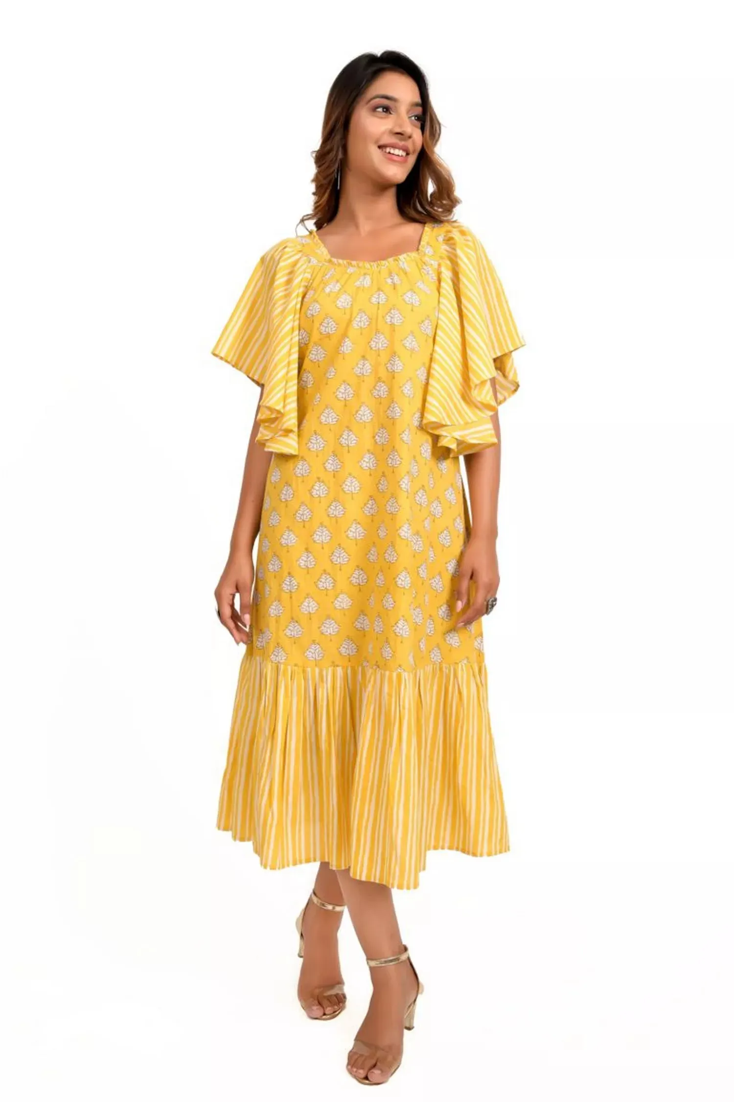 Yellow and White Printed Frill Dress