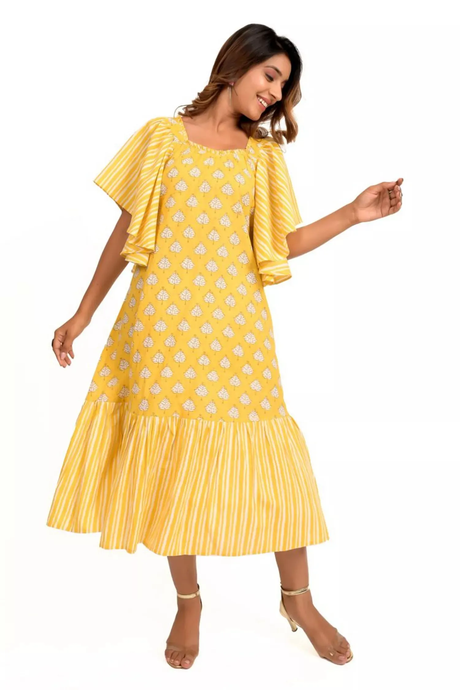 Yellow and White Printed Frill Dress