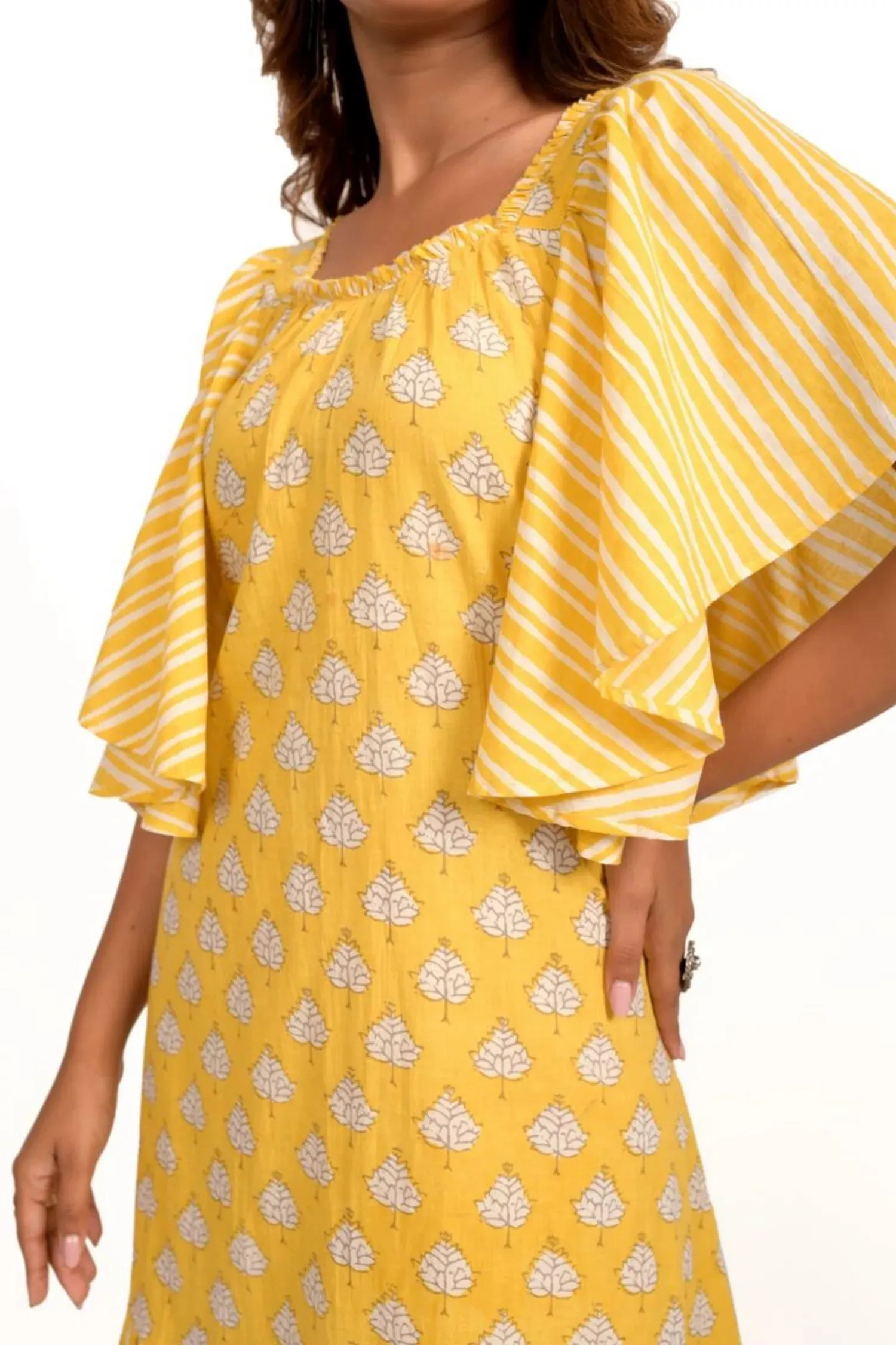 Yellow and White Printed Frill Dress