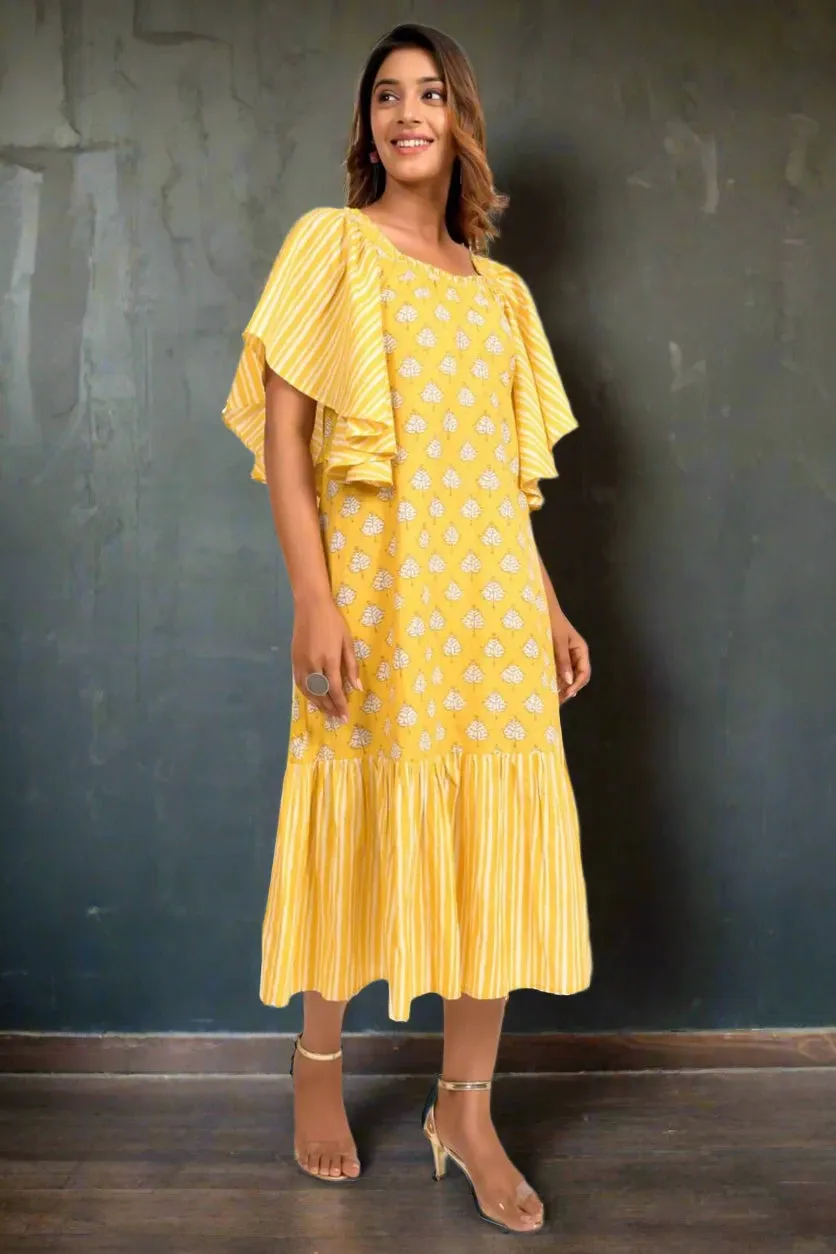 Yellow and White Printed Frill Dress