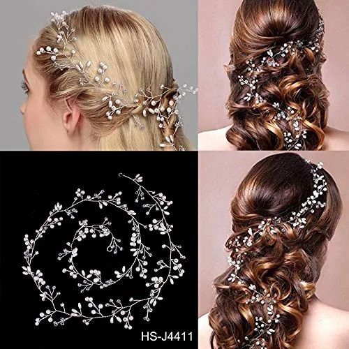 Yellow Chimes Bridal Hair Vine for Women and Girls Bridal Hair Accessories for Wedding White Pearl Headband Hair Accessories Wedding Jewellery for Women Crystals Bridal Wedding Headband Hair Vine for Girls