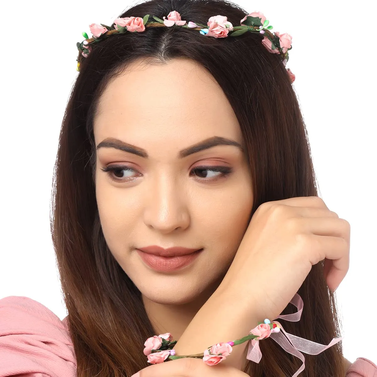 Yellow Chimes Floral Tiara and Bracelet Set for Women Pink Bridal Wedding Headband Hair Tiara For Women Bridesmaid Tiara Vines Set Hair Accessories.